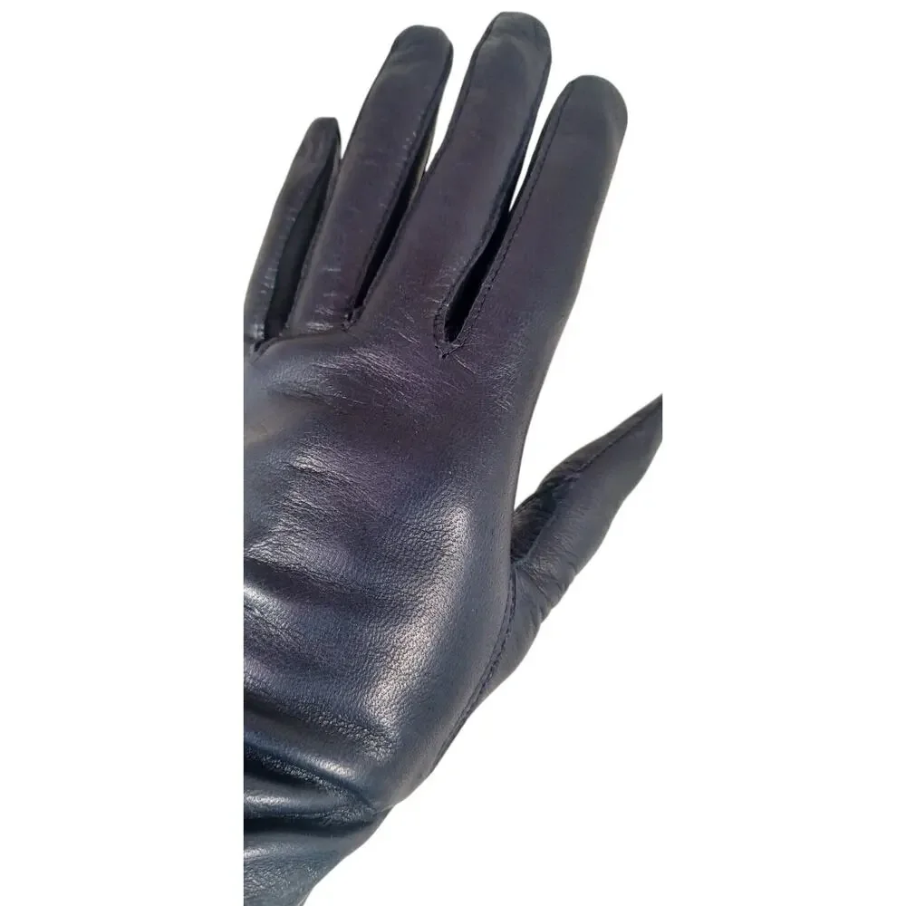 Vintage Made in Italy Dark Blue Leather Gloves with 100% Silk Lining, Size 7